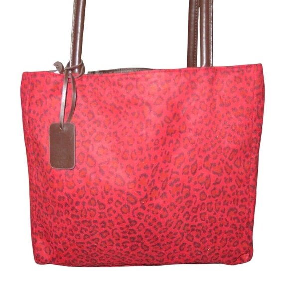 Neiman Marcus Red & Black Ocelot Animal Print Double Handle Designer Tote NWT - Picture 1 of 10